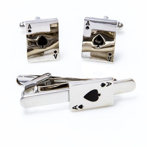 Ace of Spades Pair of Cufflinks and Tie Bar Clip Wedding Gift Box Free Ship