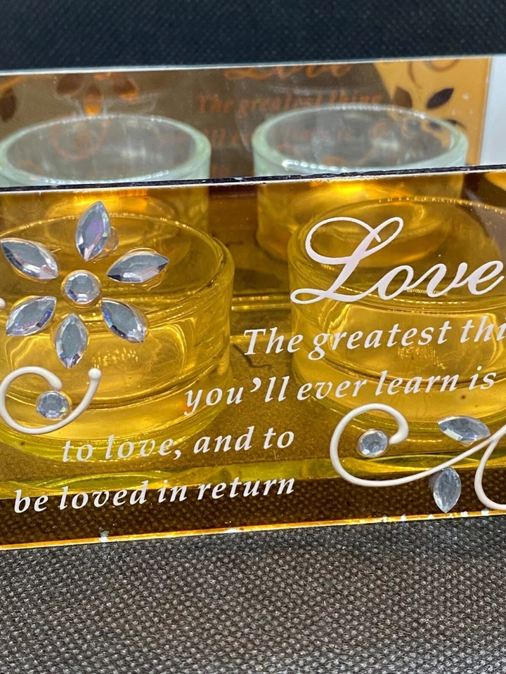 Double Tea light Holder with Mirror Back and GoldGlass Jeweled Love Inscription  Foto 2 de 4