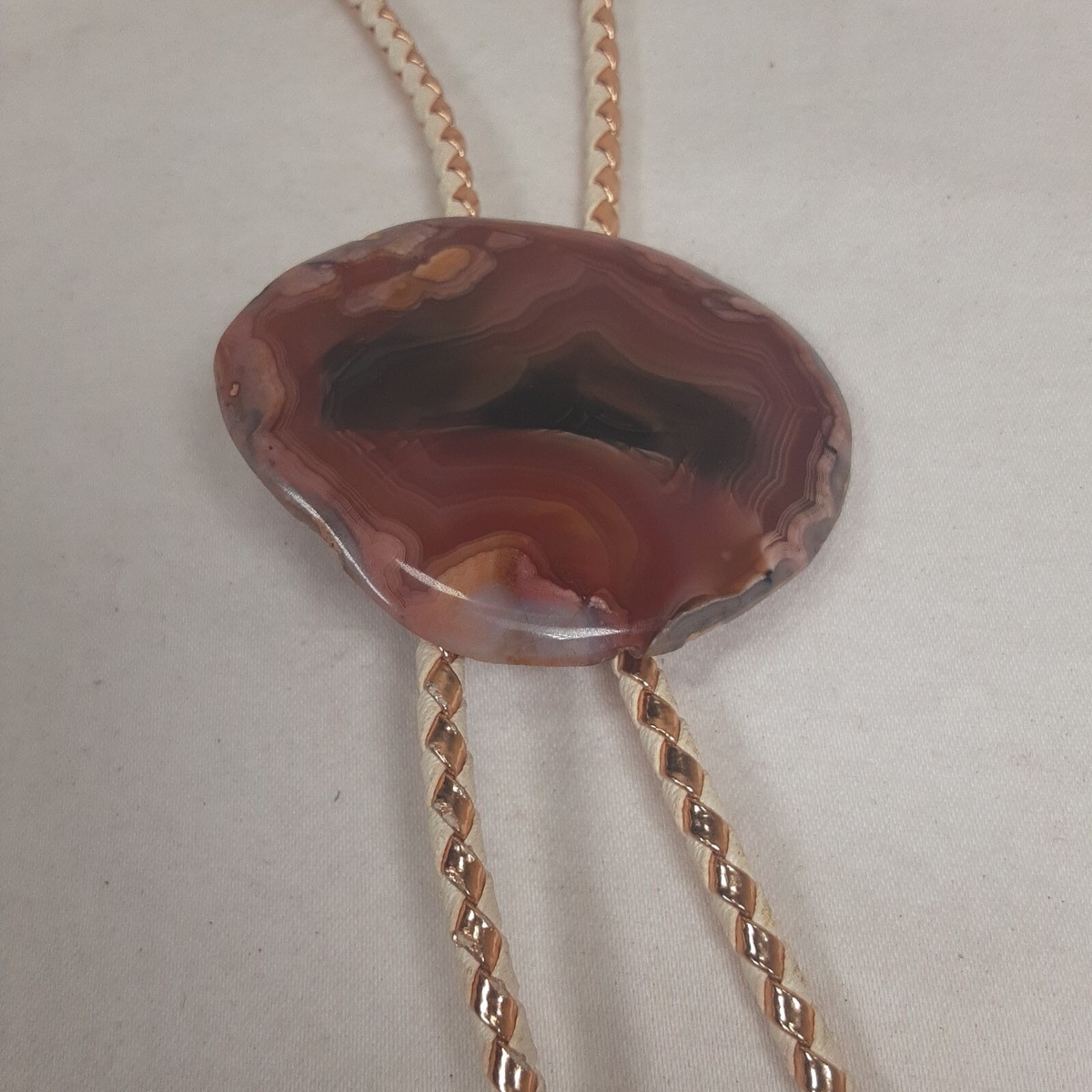 Vintage Bolo Tie 2" Agate Suede Cordage Brase Tips Western Rockabilly Cowboy View 6