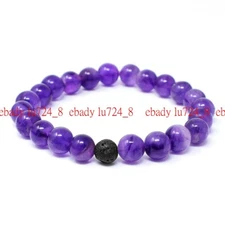 Natural 6/8/10mm Amethyst & Lava Stone Round Gemstone Beads Bracelets 7.5''