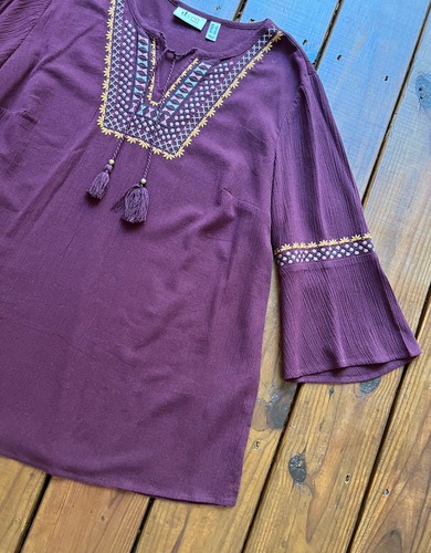 NEW Denim & Co. women's L dark red boho embroidered tassel 3/4 sleeve top blouse - Picture 5 of 16