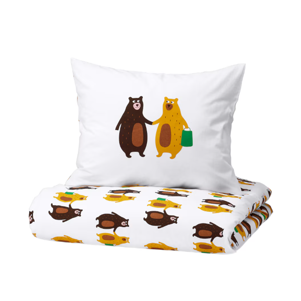 Ikea BRUMMIG Bear Duvet Cover & Pillowcase Single Bed Yellow Brown Kids Gift-image