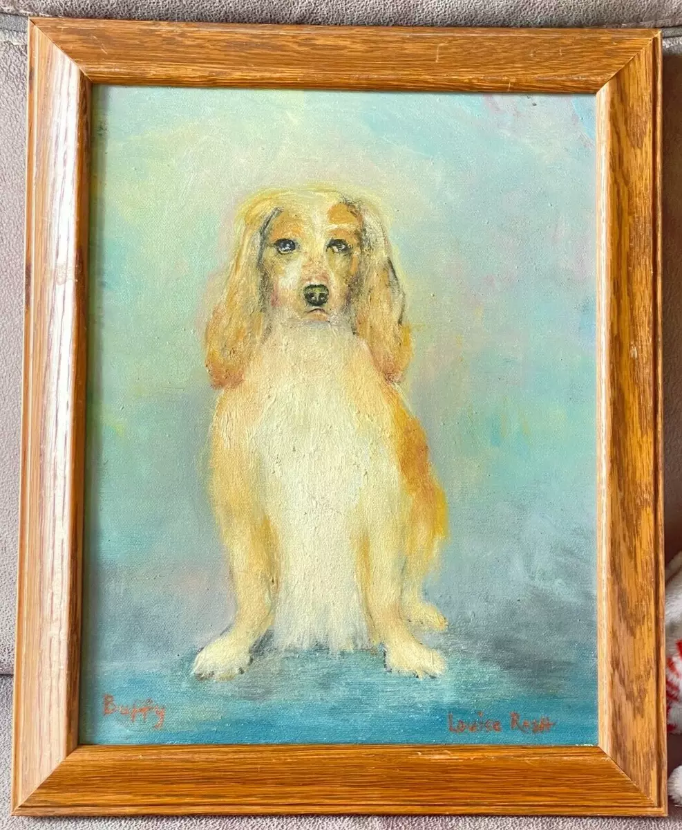 LOUISE RASH CALIFORNIA MID CENTURY VINTAGE OIL PAINTING. SITTING DOG