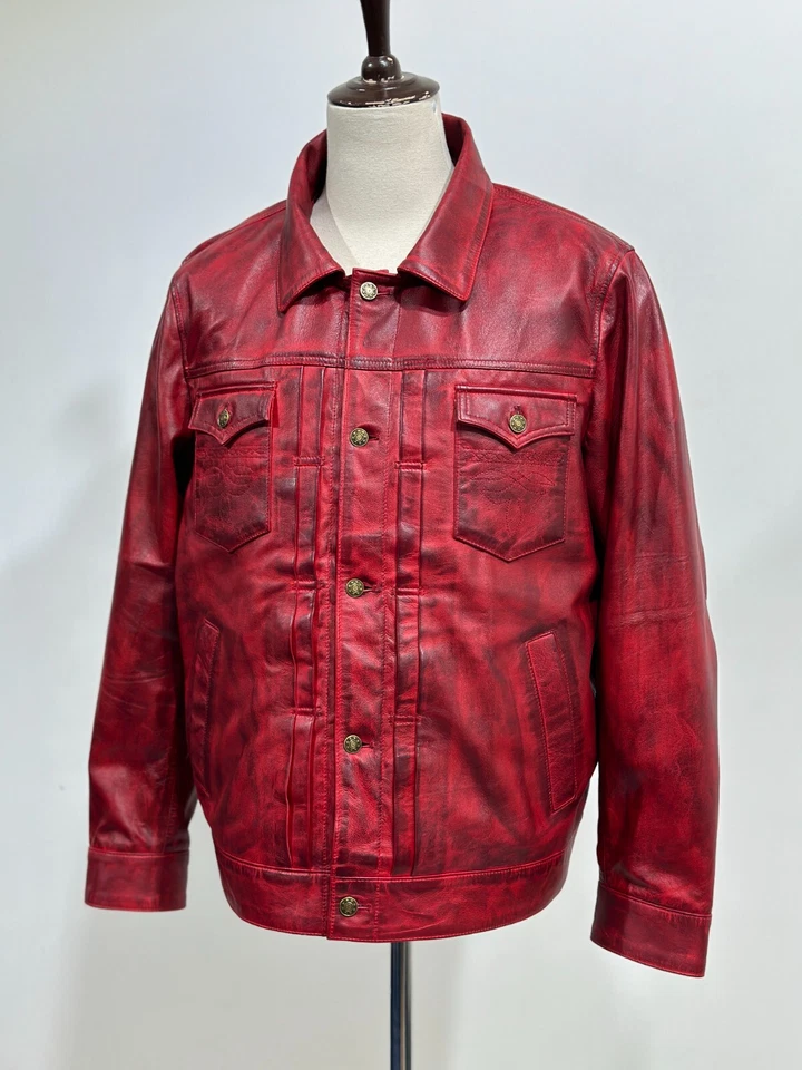 Mens Red Distressed Leather Bikers Trucker Jacket,  Leather Jacket - Image 3 of 4