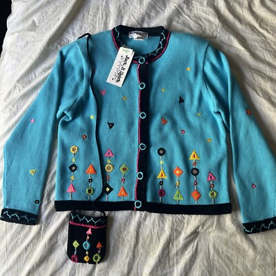 Jack B Quick Geometric Shapes Cardigan Sweater W/ Purse Medium Blue NEW WITH TAG