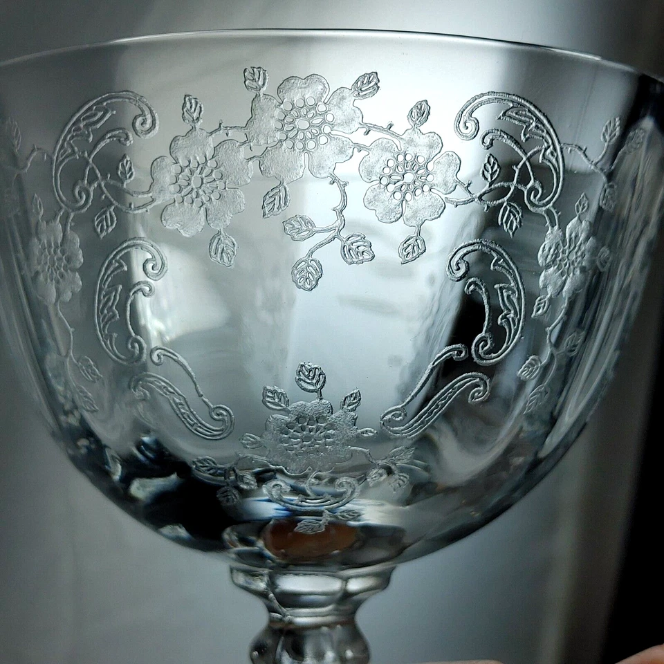 Vtg FOSTORIA 'Meadow Rose' Champagne Coupe Cocktail Glass x6 Etched R3 - Image 2 of 4