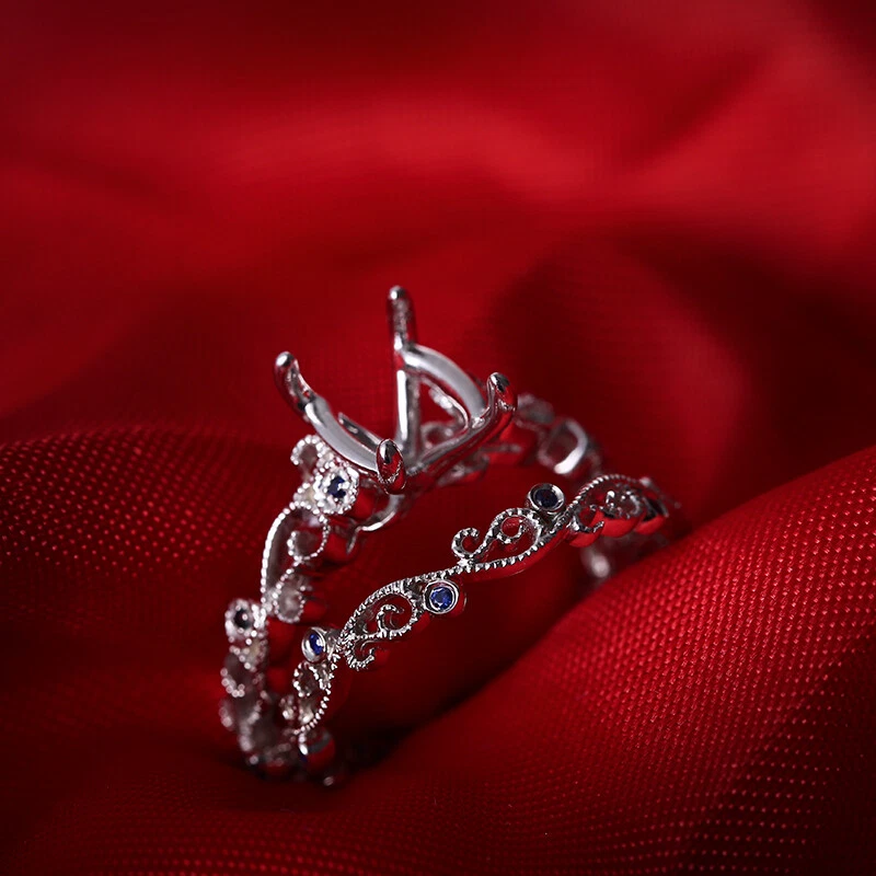 Wedding 0.14CT Sapphires Ring Sets Silver 925 Cushion/Emerald 9x7mm Semi Mount - Image 4 of 4