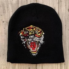 Black beanie with embroidered tiger
