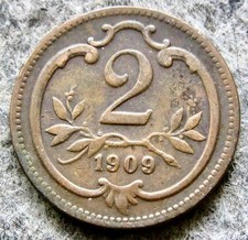 AUSTRIA FRANZ JOSEPH I 1909 2 HELLER, BRONZE km# 2801 yes we do combine postage