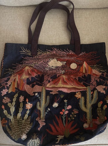 Johnny Was Embroidered Denim Southwest Landscape Tote Bag
