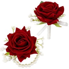 2Pcs Red Rose Corsage and Boutonniere Set Corsage Wristlet Band Bracelet for ...