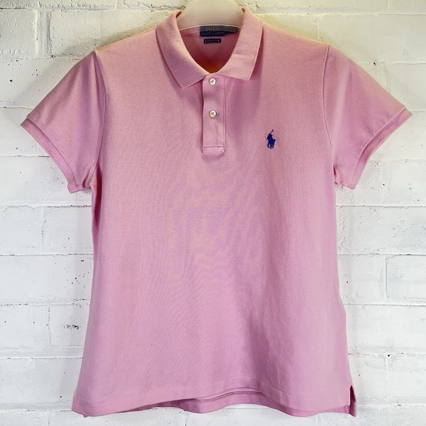 Polo Ralph Lauren Womens L Skinny Fit Pink Cotton Polo Shirt Blue Pony Logo