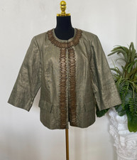 New The Chico s Embellished Gold Metallic Olive Linen Jacket Size 3/ XL/16, 149