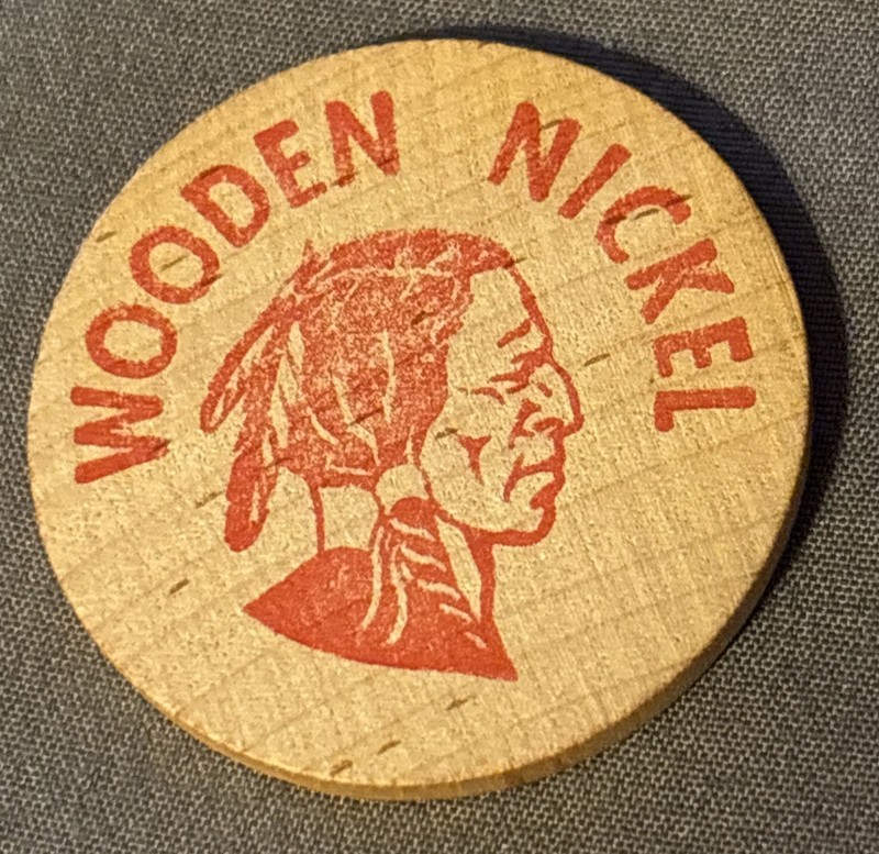 Wooden Nickel Token Coin -PATRIOT MOBLE HOMES . JACINTO CALIFORNIA