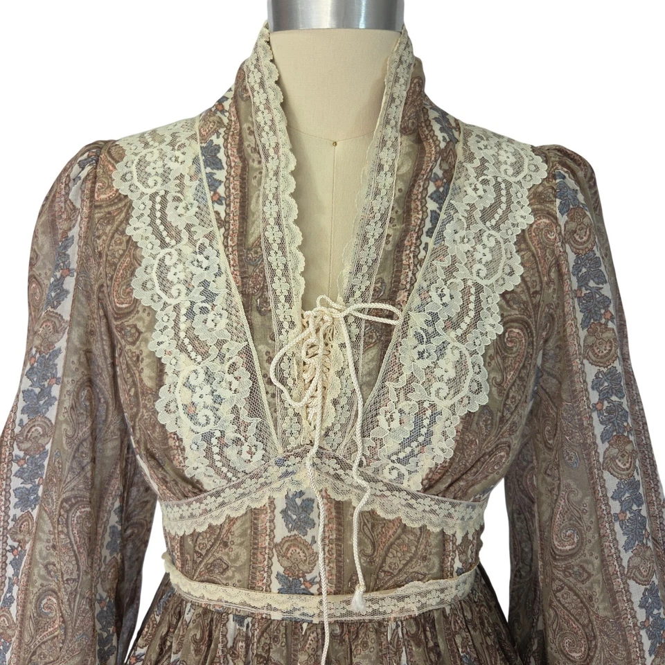 Mini Vestido Corsé Gunne Sax Vintage Años 70 Talla 9 S Paisley Festival Encaje Calicó Foto 4 de 4