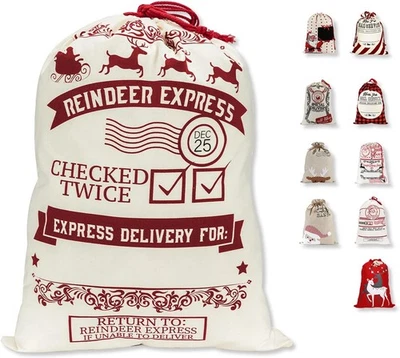 LESSMO Large Christmas Santa Sack Canvas Gift Bag with Drawstring Reusable Holiday