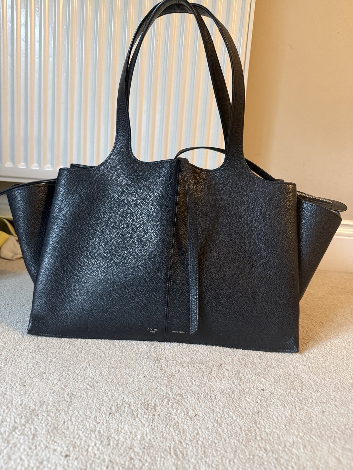 Celine Tri-Fold Medium Bag Black Grained Leather Very Good Condition image 2