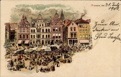 Litho Hanseatic City of Bremen, Market Square, Market Stalls - 4641650