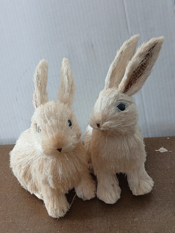 2 White Bristle brush  Easter bunny Rabbits Sitting Spring Decor•Sisal Straw
