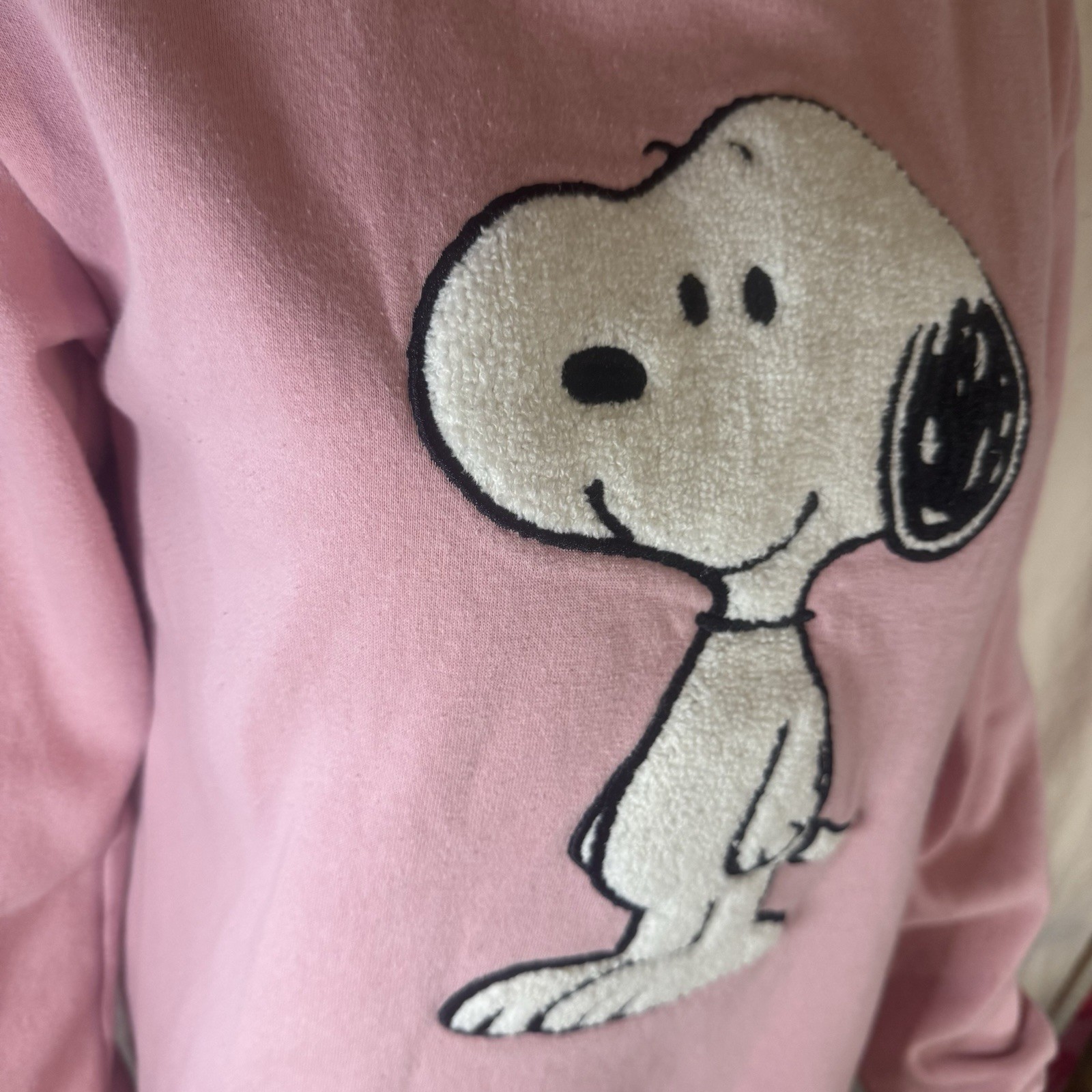 Peanuts Snoopy Women's Pink Sweatshirt 3D Raised Punch Needle Plush Embroidered
