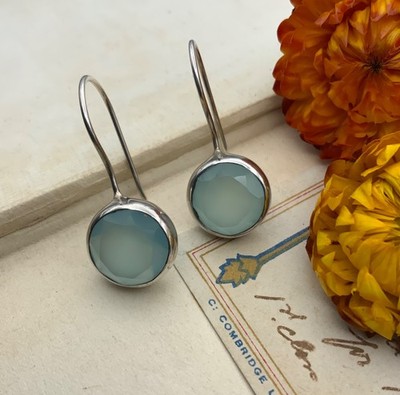 Vintage Sterling Silber 925 Aqua Chalcedon facettierter Edelstein Ohrhänger