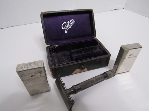 Vintage Gillette Safety Razor Travel Set w/ Case Blade Tins Double Edge Shaver