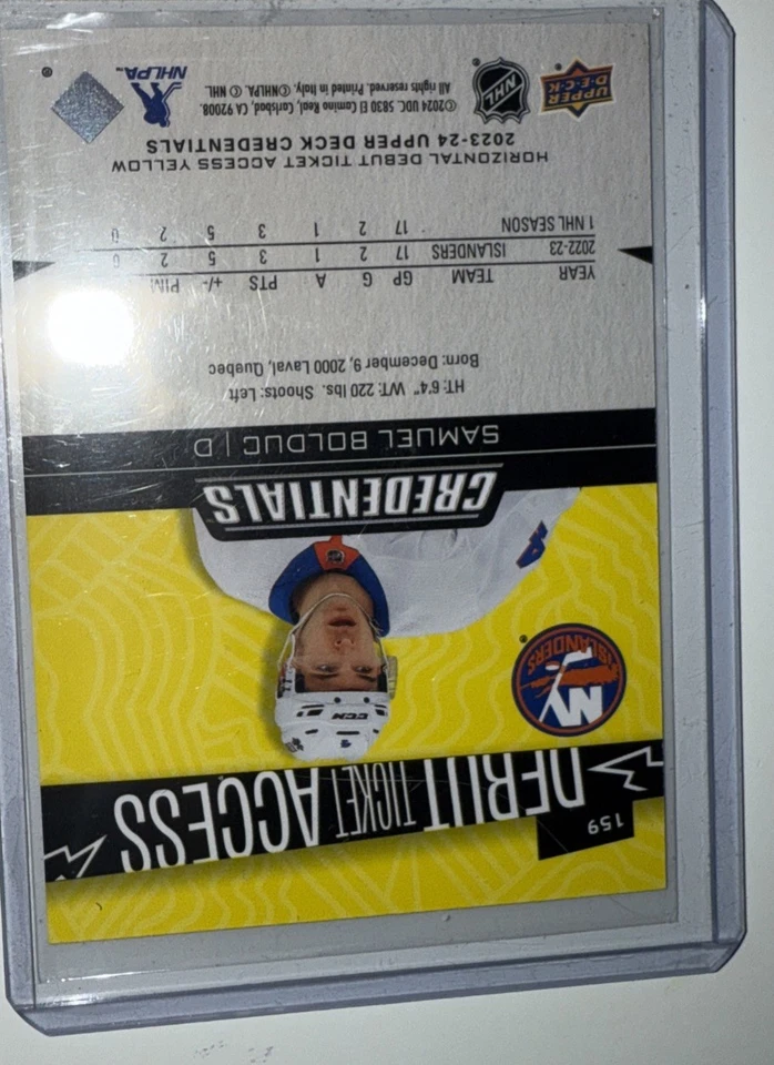 Samuel Bolduc 2023-24 UD Credentials 159 Debut Ticket Access - Horizontal Yellow - Image 2 of 3