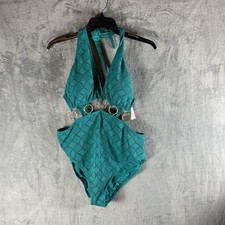 Vince Camuto Swimsuit Womens 14 One Piece Plunge Cut Out Gold Rings Green Lagoon
