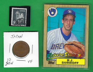 JAPAN 10 SEN 19?? COIN (VERY FINE) & STAMP ~ LOT # 91 (*-*) + SPORTS CARD