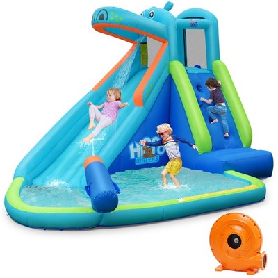 Inflatable Kids Hippo Bounce House Slide Climb Wall Pool w/740W Blower Garden
