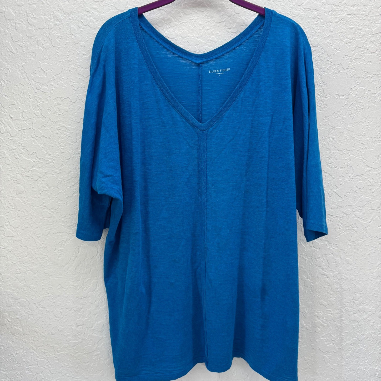 Eileen Fisher Women's L Blue V-Neck 3/4 Sleeve Linen Cotton Blend Top Casual