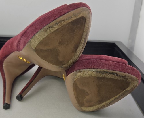 PRADA Burgundy Red Maroon Suede Platform Peep Toe Pumps Size 38 7.5 Good Condit - Picture 20 of 24