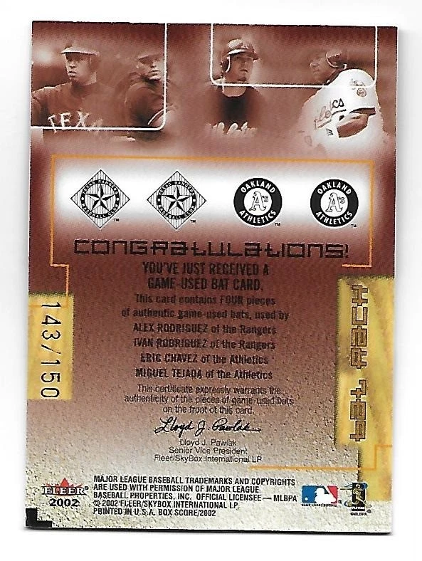 A.RODRIGUEZ/I.RODRIGUEZ/CHAVEZ/TEJADA 2002 Box Score MLB Bat Rack juego usado/150 Foto 2 de 2