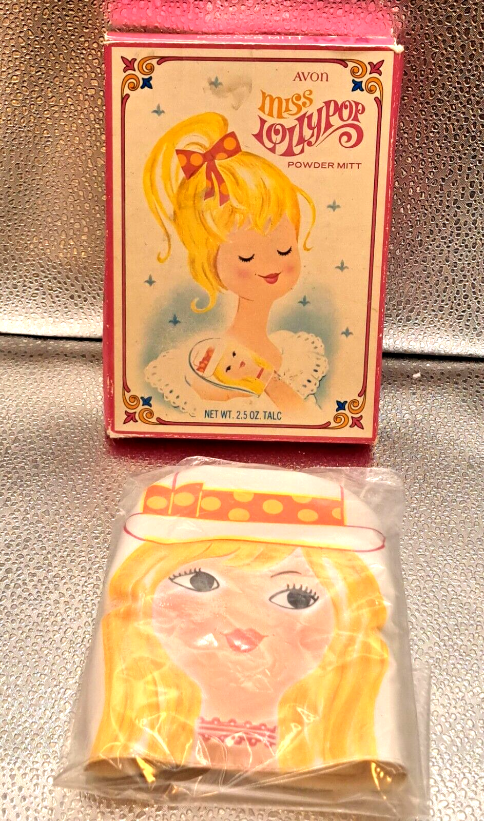 Vintage 1960's Avon Miss Lollypop  Powder Mitt 2.5 oz. Talc in Good Box