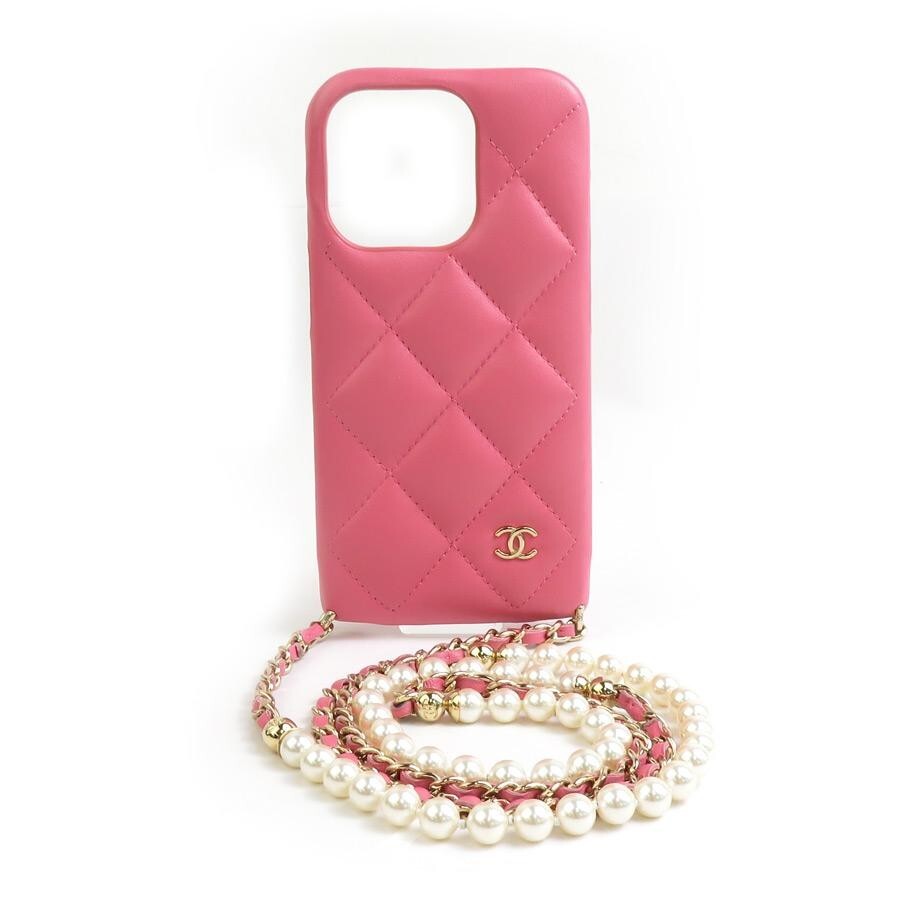 CHANEL Cell phone Case iPhone 14 Pro Leather/Faux Pearl Pink