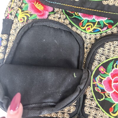 Black Embroidered Mexican Backpack Bag Pink Flowers Travel Pack Black Embroidered Mexican Backpack Bag Pink Flowers Travel  main image 4