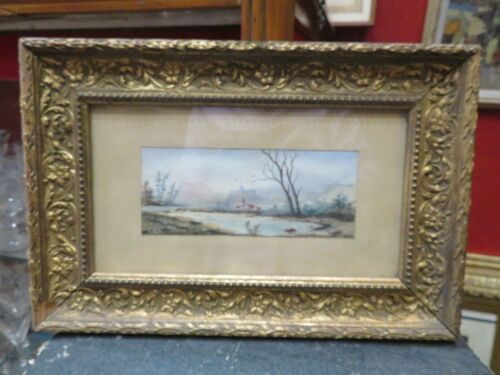 ancienne aquarelle epoque 1900 signee paysage champetre bord de riviere tableau - Afbeelding 1 van 4