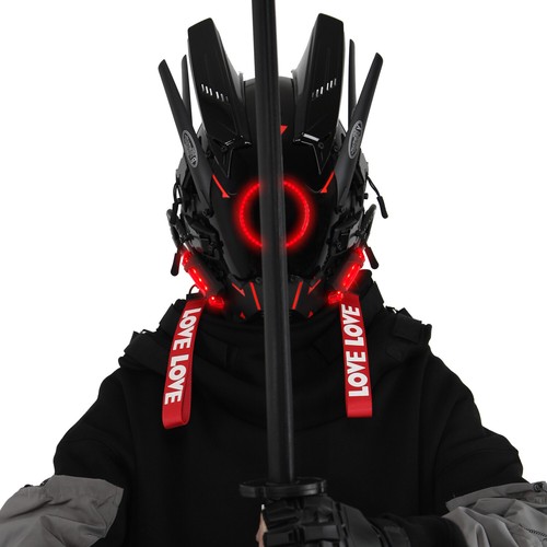 Futuristische Cybermaske mit LED-Leuchten für Cosplay und Techwear Mode - Bild 47 von 80