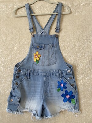 No Boundaries Juniors Embroidered Flower Denim Bib Overall