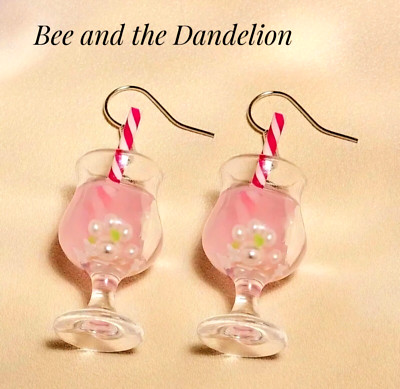 Summer Cocktail Glass ~  Pink Drink with Straw  ~3D Resin Dangle Earrings