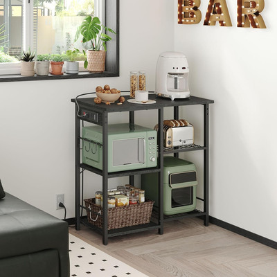 Bakers Rack with Pots Rack, Microwave Stand with Adjustable Mesh Shelf, Kitchen 