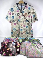 Lot of 12 Women Scrub Tops - Sizes L/XL Various Brands Retro Floral some Vintage