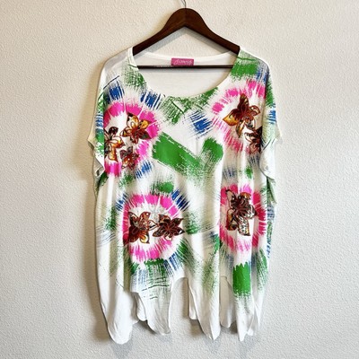 Crazy Fish Women's Applique Top Cotton Painted Artsy Hawaii White Colorful XL