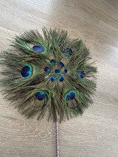 Vintage Genuine  Rare Peacock Feather Round Handheld Fan   12  Diameter