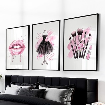 Mode Make-up Wandkunst Stil Schönheit Drucke Mädchen Rosa Schlafzimmer Dekor 3er Set