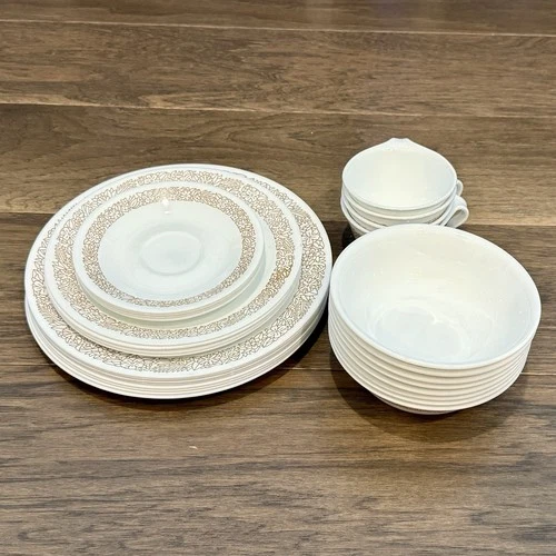 Vintage 28 pc. Set Corelle WOODLAND BROWN Dishes - Dinner Salad Bowl Saucer Mugs