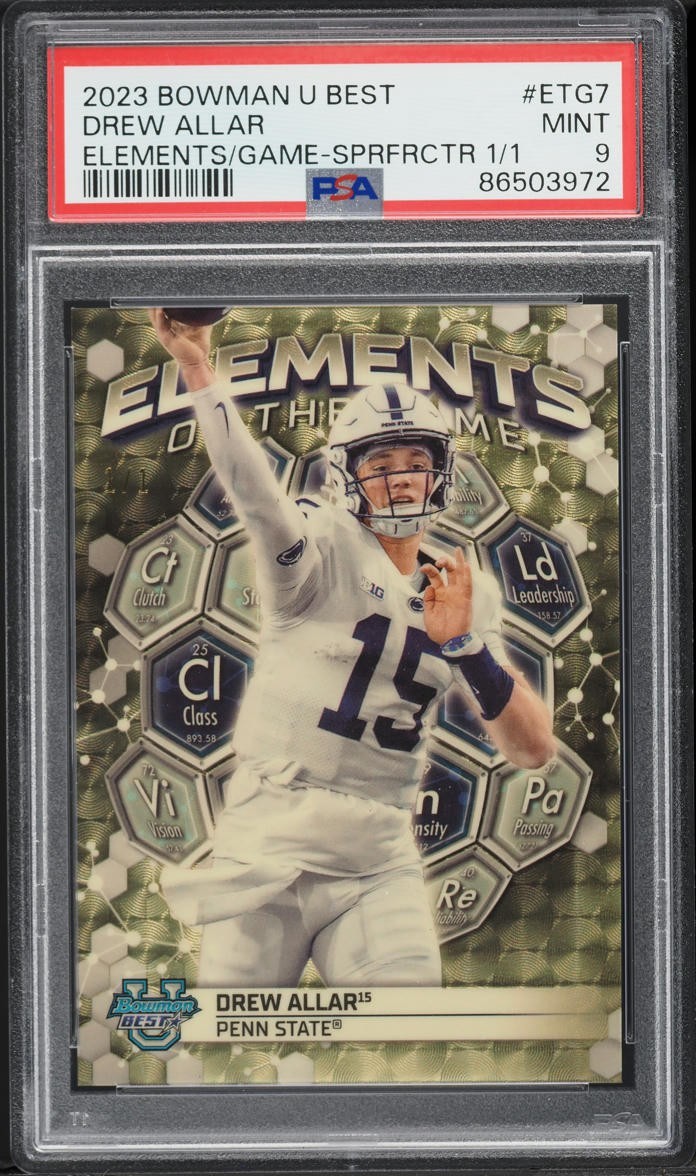 2023 Bowman University Best Elements Of Game Superfractor Drew Allar 1/1 PSA 9