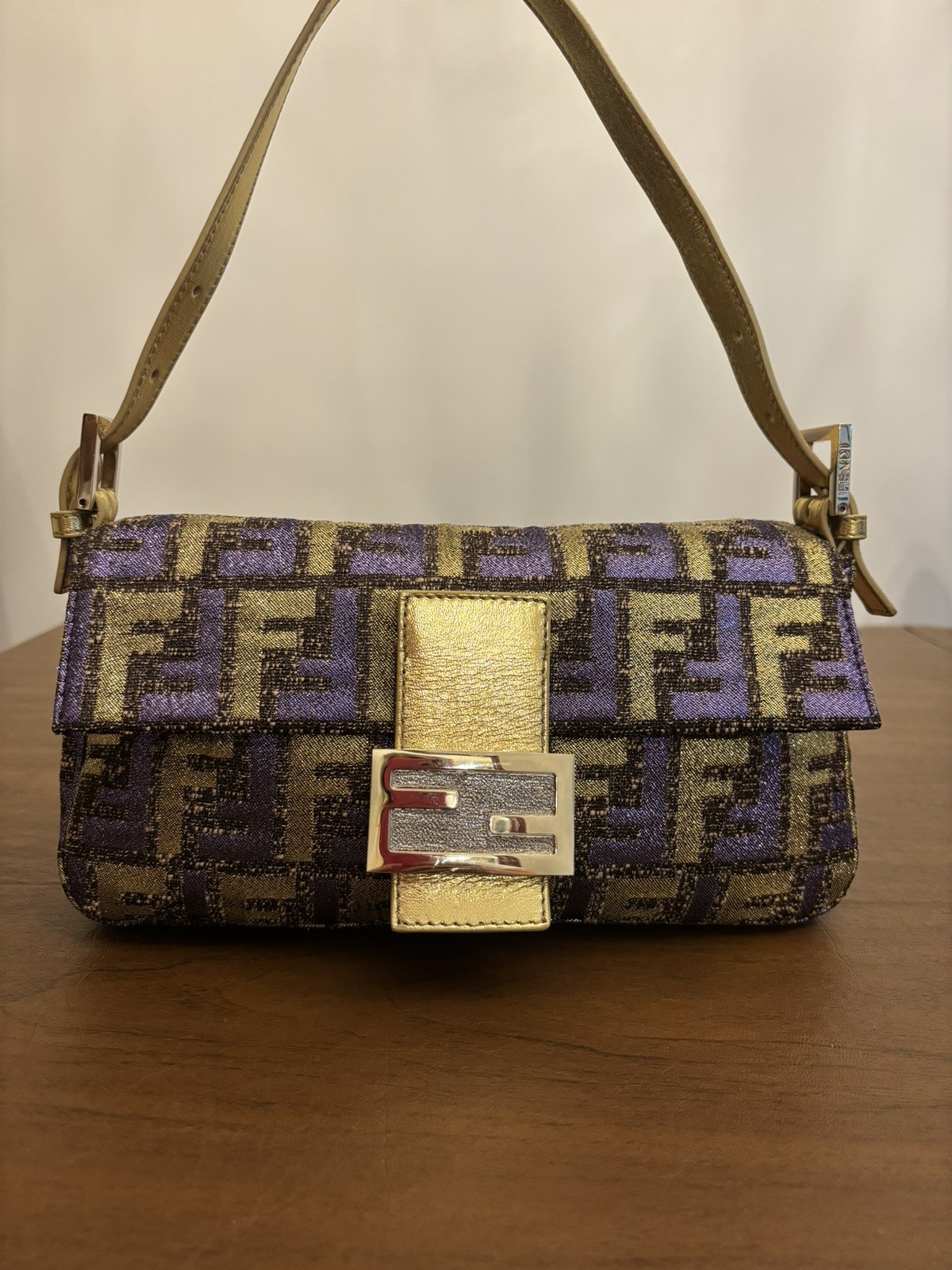 FENDI Zucca Canvas Mamma Baguette Shoulder Bag Purple/ Gold