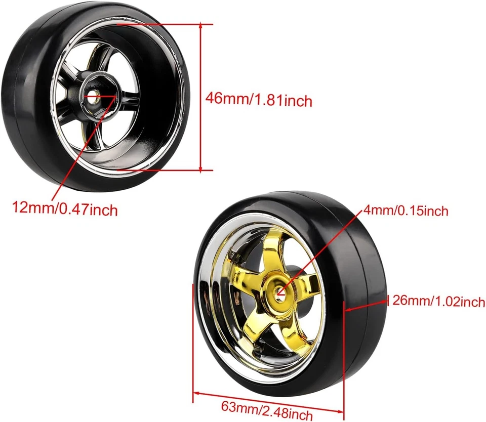 Sleek Gold 5-Spoke 12mm Wheels with Sturdy Hard Tires for 1:10 Drift Cars - Image 4 of 4