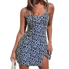 Summer Floral Dress Women Square Neck Slit Dress Party Spaghetti Strap Dress